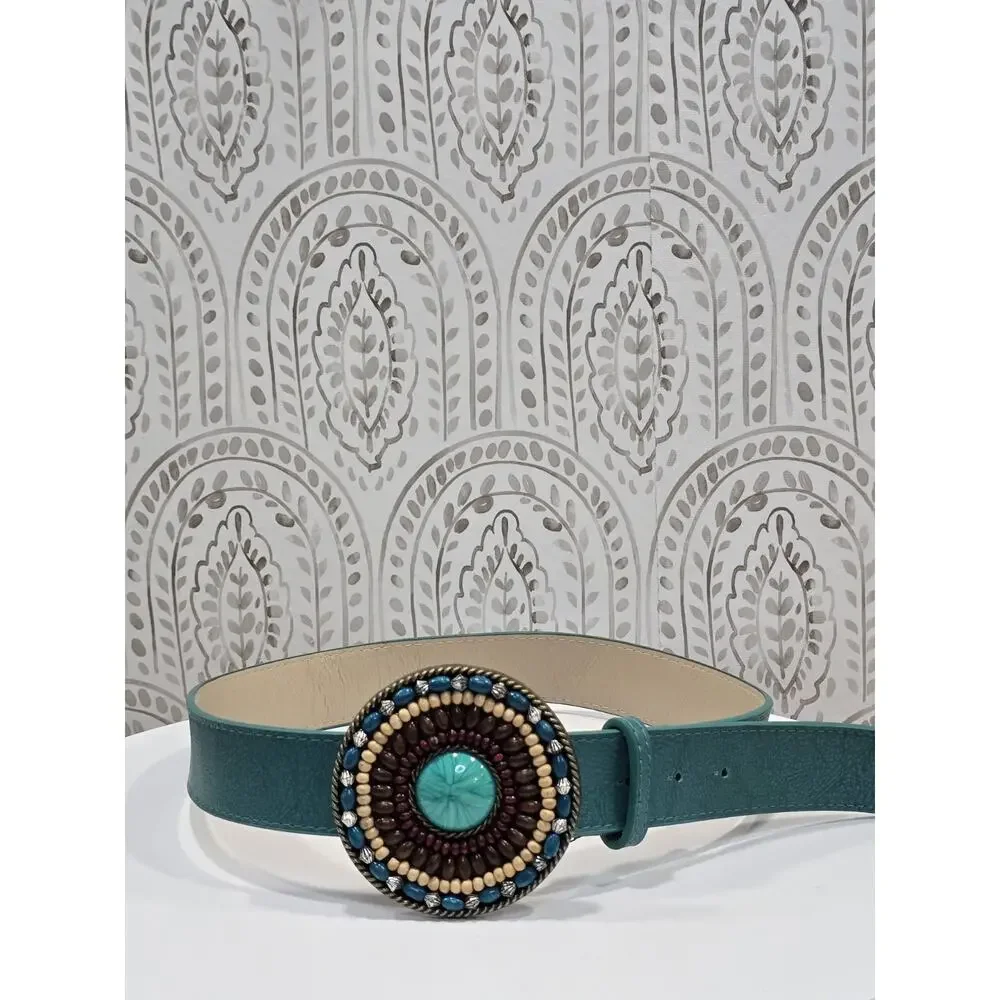 Vintage Womens Medium Belt Western Cowgirl Turquoise Teal Beaded Large Concho